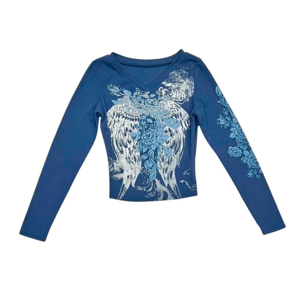 ★ Y2K Wing & Floral Rhinestone Print Blue Rib-Knit Long Sleeve T-Shirt ★